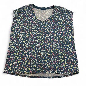 L.L.Bean Floral Print Sleeveless Blouse Navy Women’s Large V Neck Summer Top